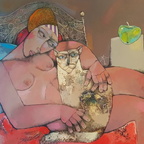 Todorov Krastyo - Frau mit Katze, 60x70 cm